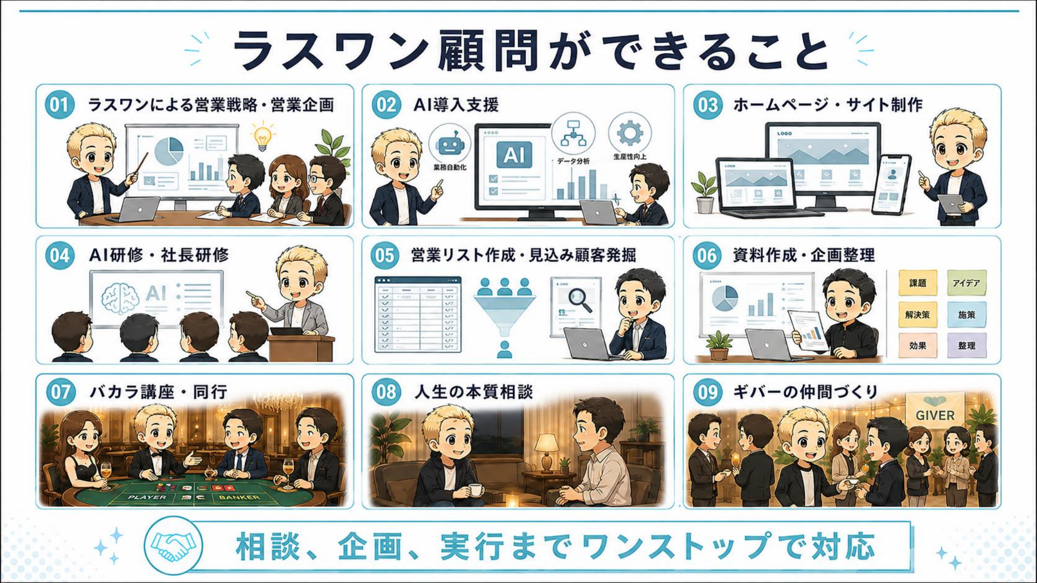 できること：営業戦略、AI導入、HP制作、AI研修、営業リスト、資料作成、バカラ講座、人生相談、ギバー仲間づくり